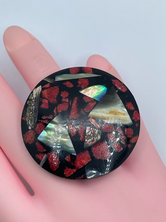 Unsigned Jewelry - Vintage Wood Abalone Shell Red Coral Inlay Statement Ring Sz 7
